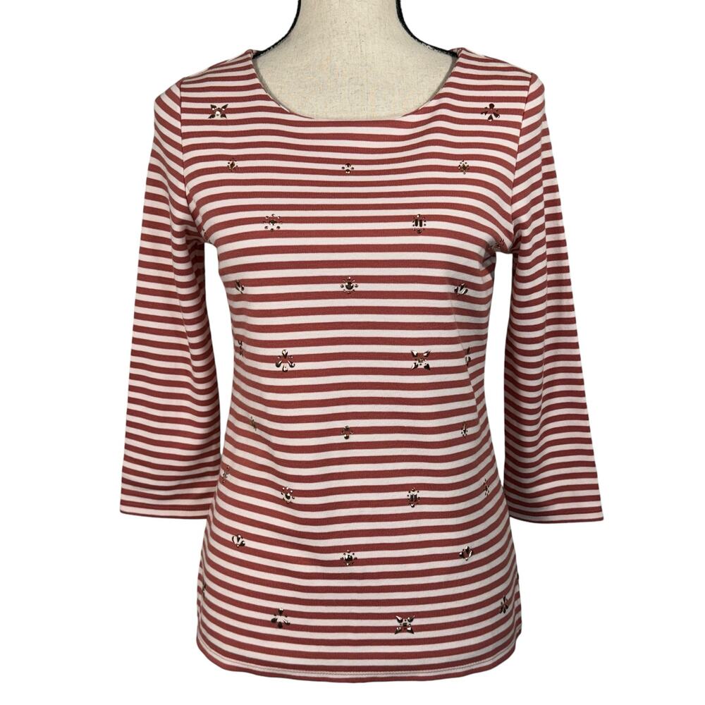 Maison Jules Small Top Striped Embellished 3/4 Sleeve Stretch Round Neck New